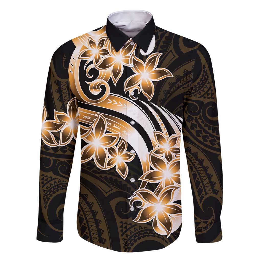 Plumeria Tribal Tattoo Family Matching Short Sleeve Bodycon Dress and Hawaiian Shirt Gold Polynesian Pattern LT9 Dad's Shirt - Long Sleeve Gold - Polynesian Pride