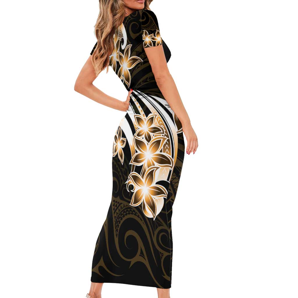 Plumeria Tribal Tattoo Family Matching Short Sleeve Bodycon Dress and Hawaiian Shirt Gold Polynesian Pattern LT9 - Polynesian Pride