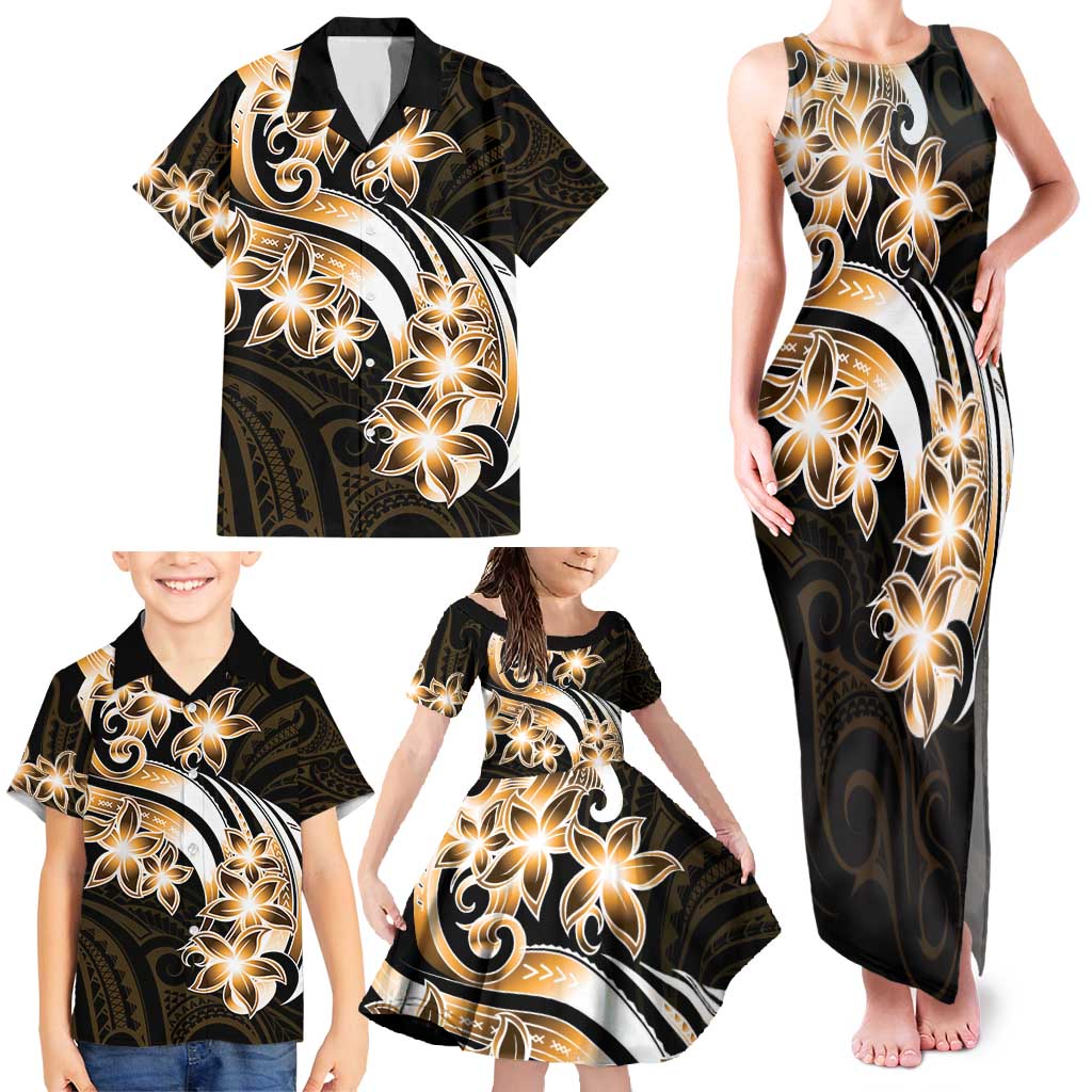 Plumeria Tribal Tattoo Family Matching Tank Maxi Dress and Hawaiian Shirt Gold Polynesian Pattern