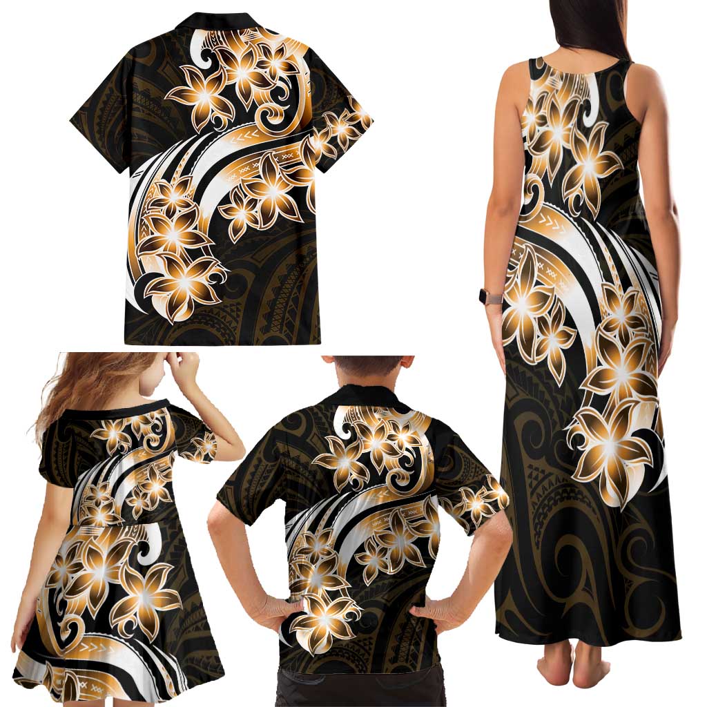 Plumeria Tribal Tattoo Family Matching Tank Maxi Dress and Hawaiian Shirt Gold Polynesian Pattern
