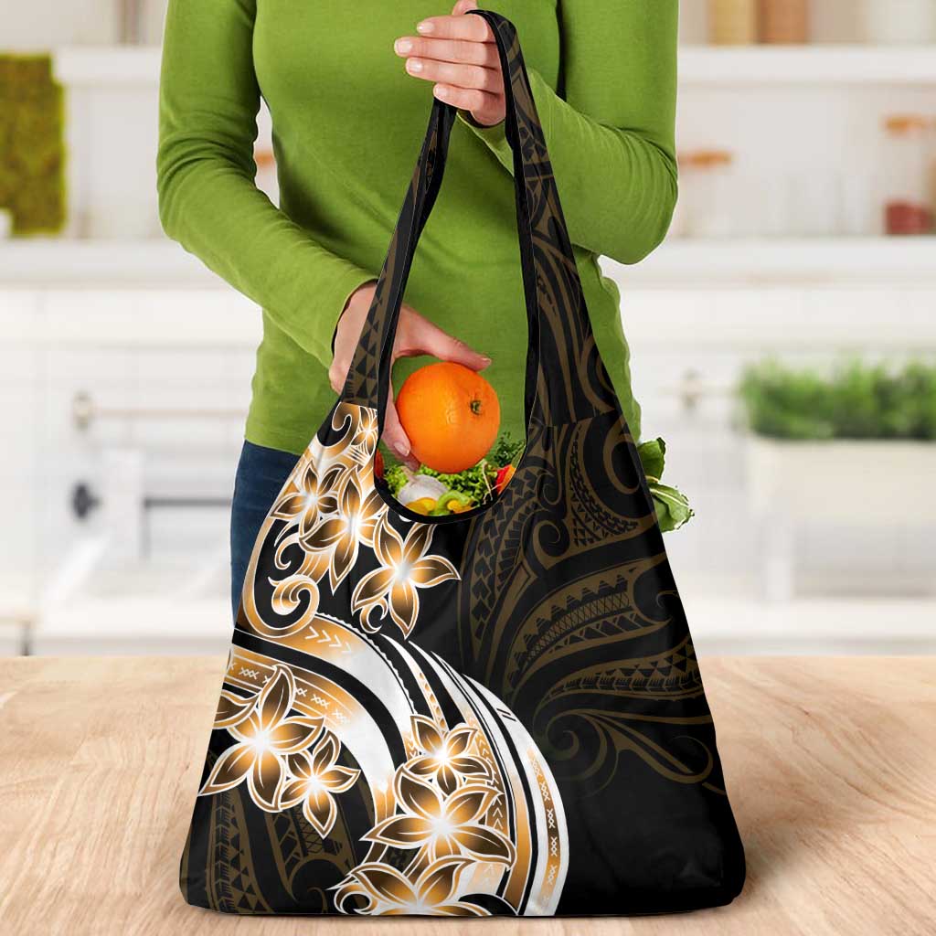 Plumeria Tribal Tattoo Grocery Bag Gold Polynesian Pattern