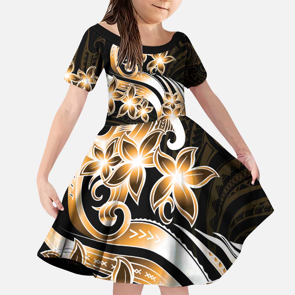 Plumeria Tribal Tattoo Kid Short Sleeve Dress Gold Polynesian Pattern