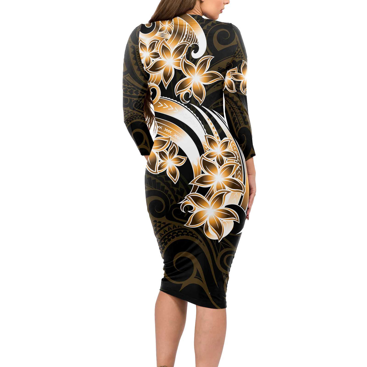 Plumeria Tribal Tattoo Long Sleeve Bodycon Dress Gold Polynesian Pattern LT9 - Polynesian Pride
