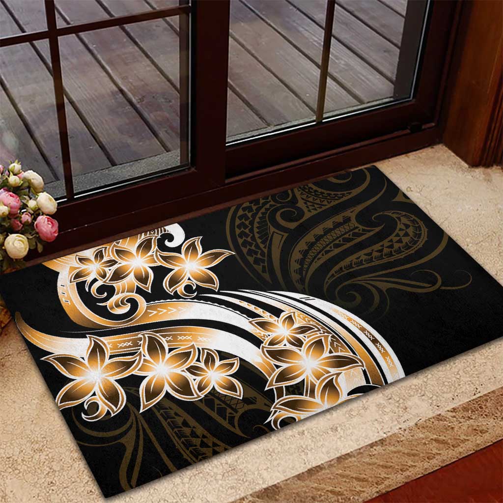 Plumeria Tribal Tattoo Rubber Doormat Gold Polynesian Pattern