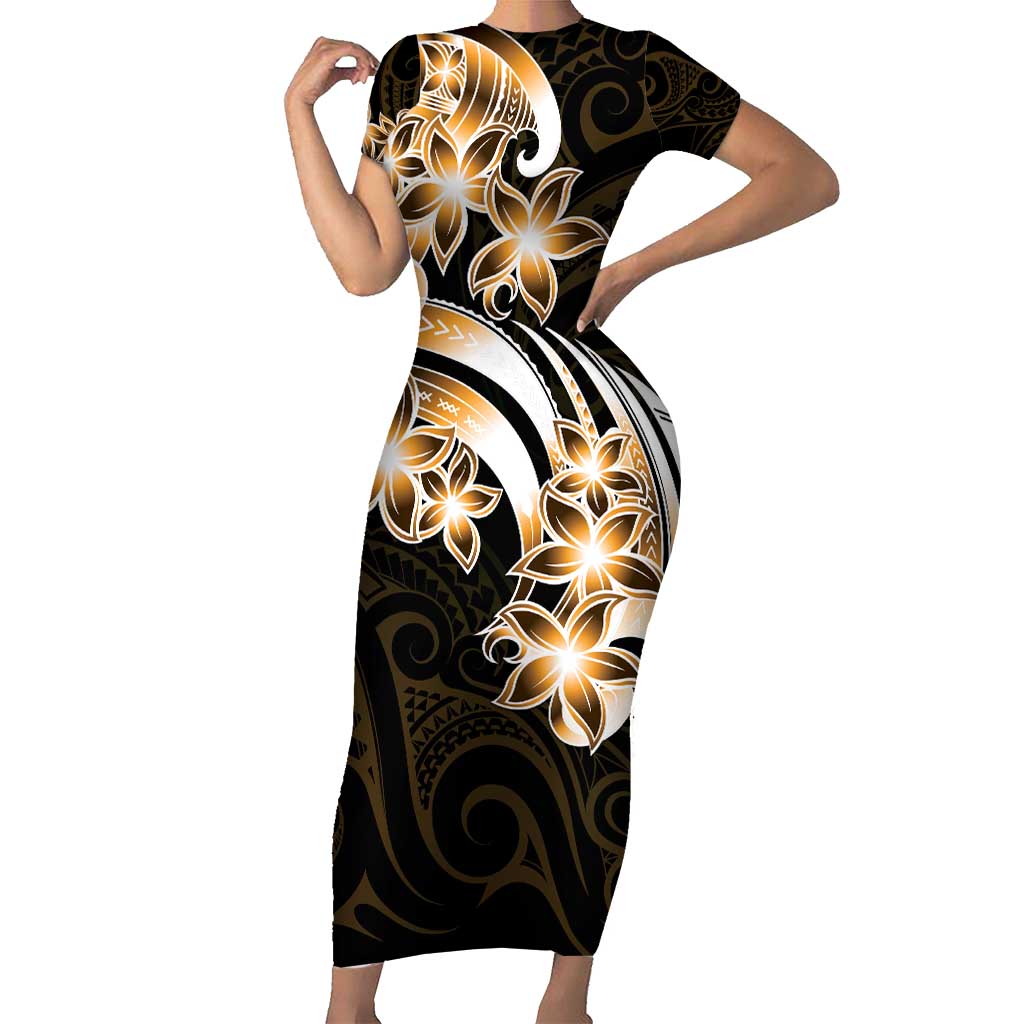 Plumeria Tribal Tattoo Short Sleeve Bodycon Dress Gold Polynesian Pattern LT9 Long Dress Gold - Polynesian Pride