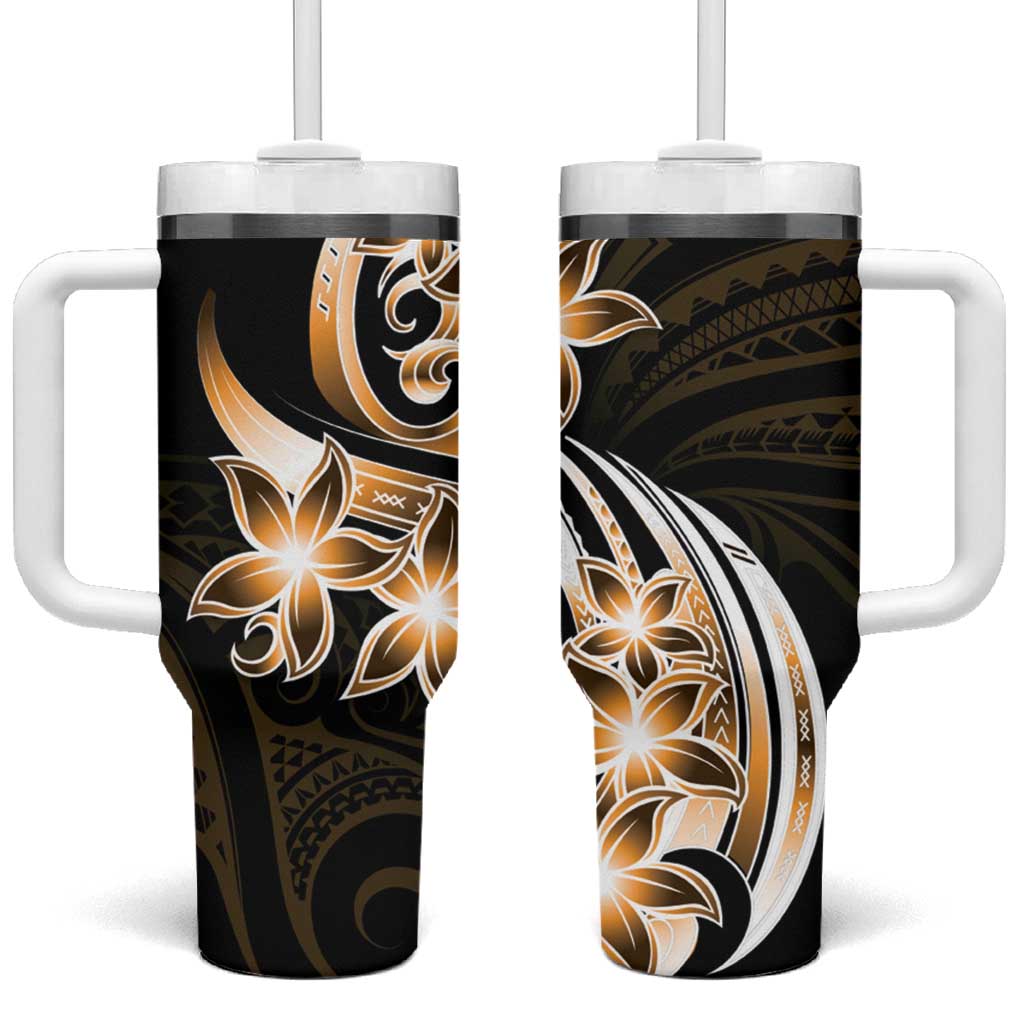 Plumeria Tribal Tattoo Tumbler With Handle Gold Polynesian Pattern