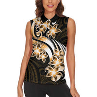 Plumeria Tribal Tattoo Women Sleeveless Polo Shirt Gold Polynesian Pattern