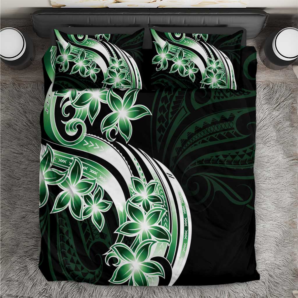 Plumeria Tribal Tattoo Bedding Set Green Polynesian Pattern