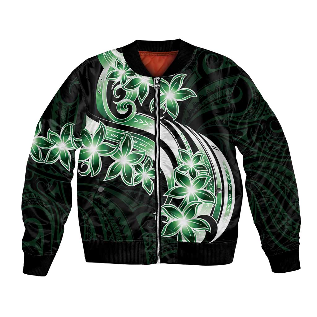 Plumeria Tribal Tattoo Bomber Jacket Green Polynesian Pattern