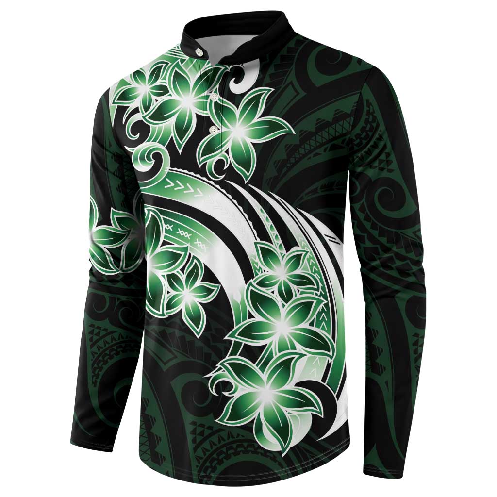 Plumeria Tribal Tattoo Button Sweatshirt Green Polynesian Pattern