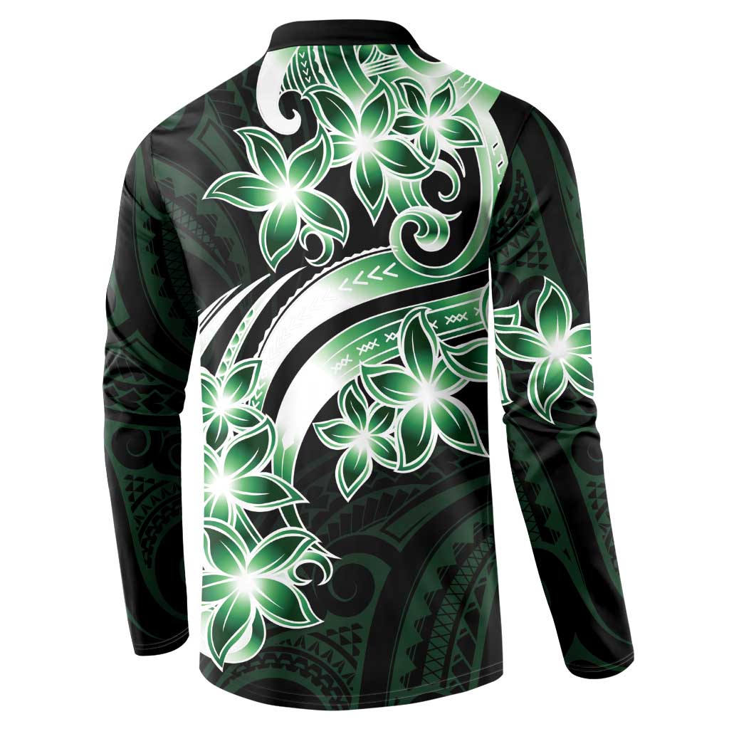 Plumeria Tribal Tattoo Button Sweatshirt Green Polynesian Pattern