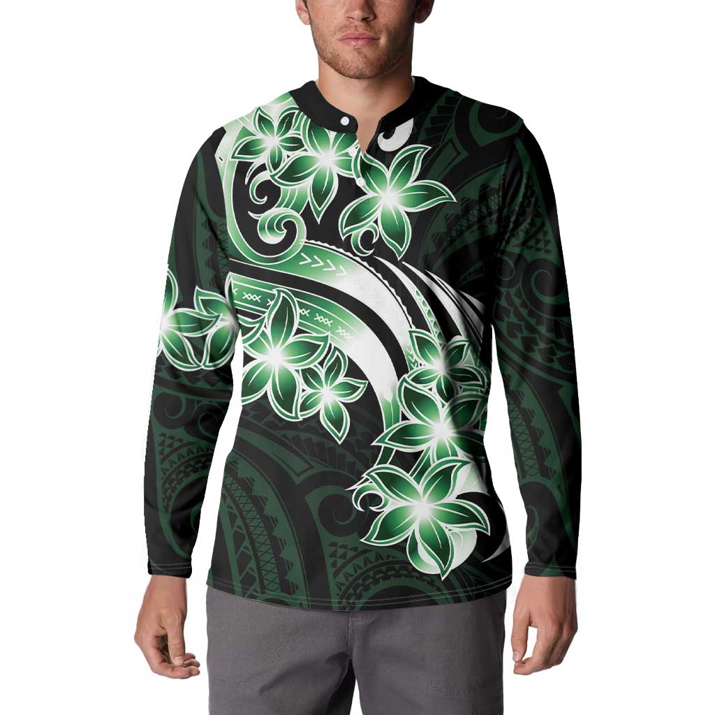 Plumeria Tribal Tattoo Button Sweatshirt Green Polynesian Pattern