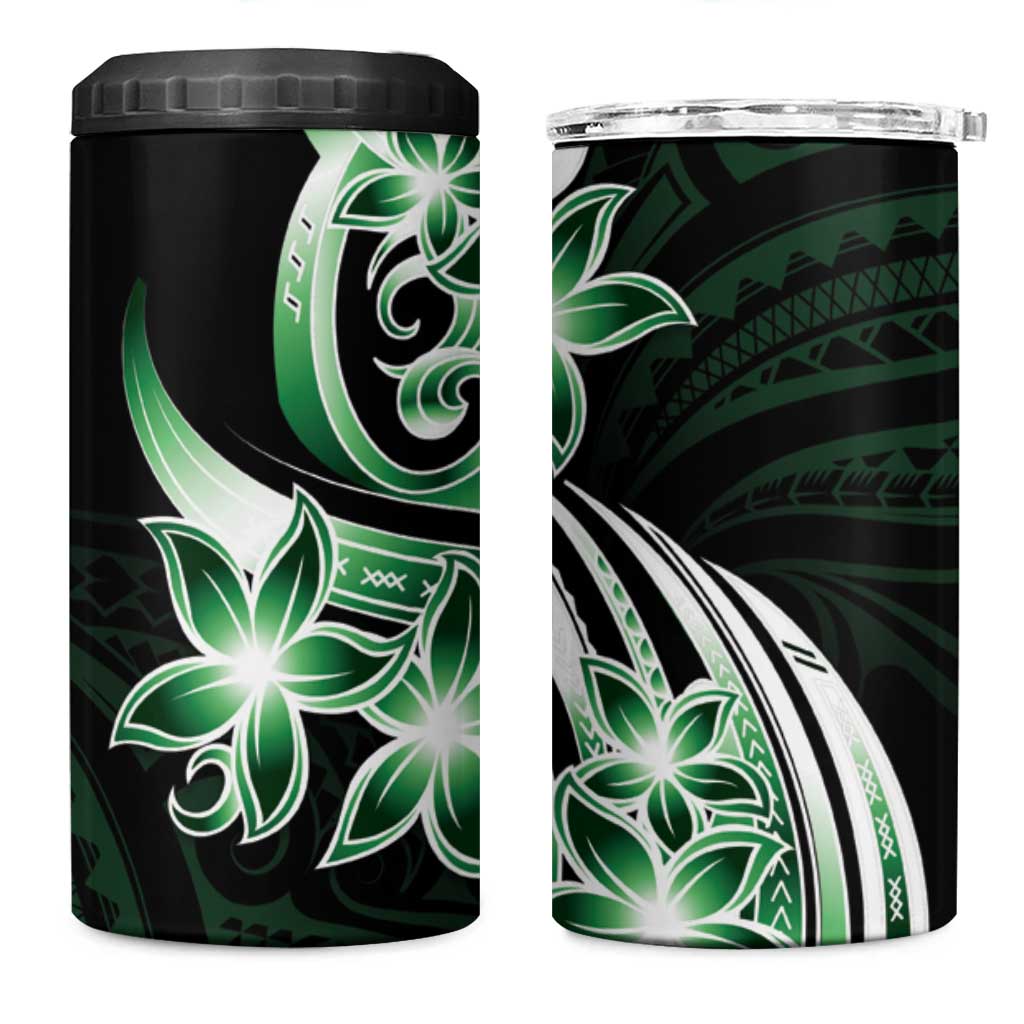 Plumeria Tribal Tattoo 4 in 1 Can Cooler Tumbler Green Polynesian Pattern