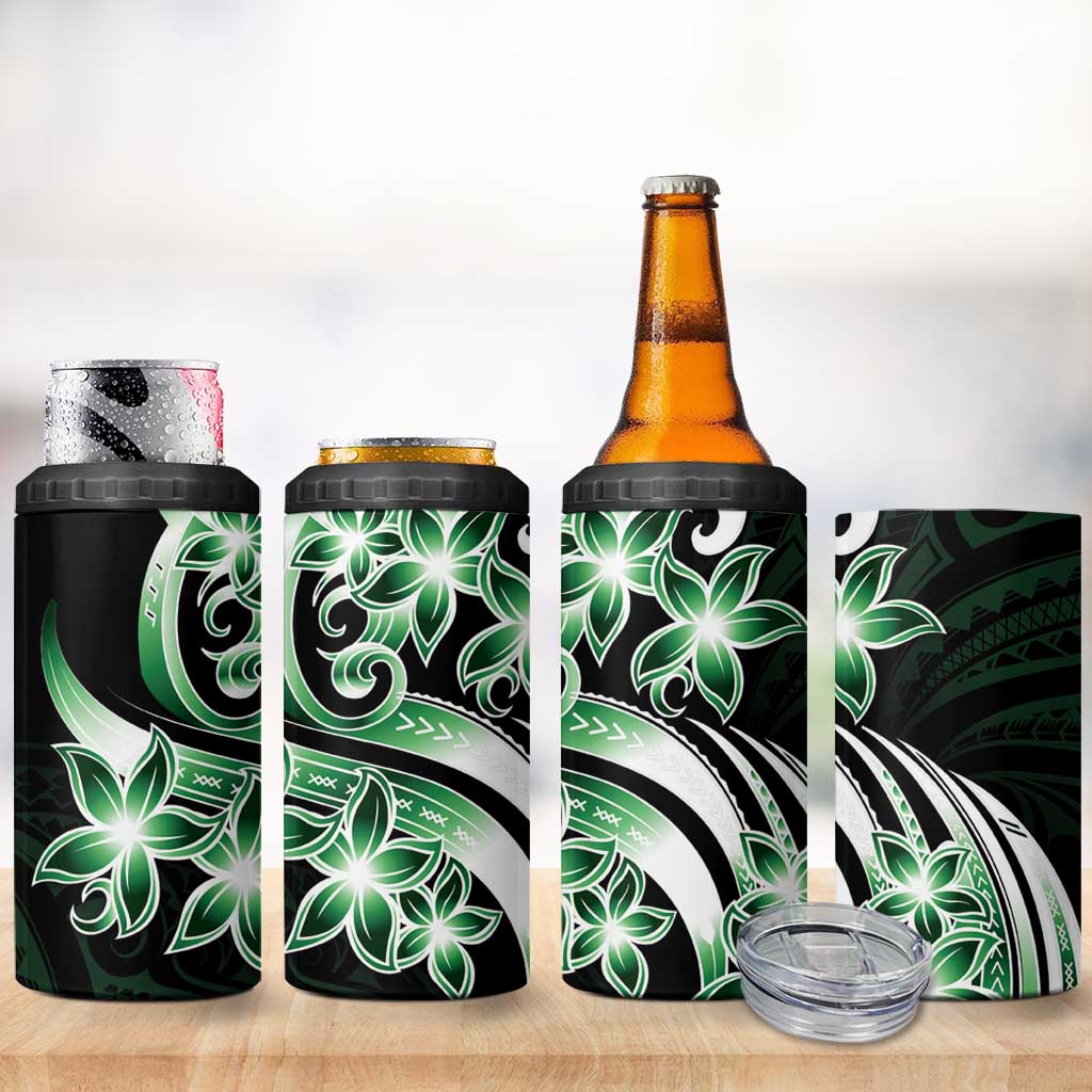 Plumeria Tribal Tattoo 4 in 1 Can Cooler Tumbler Green Polynesian Pattern