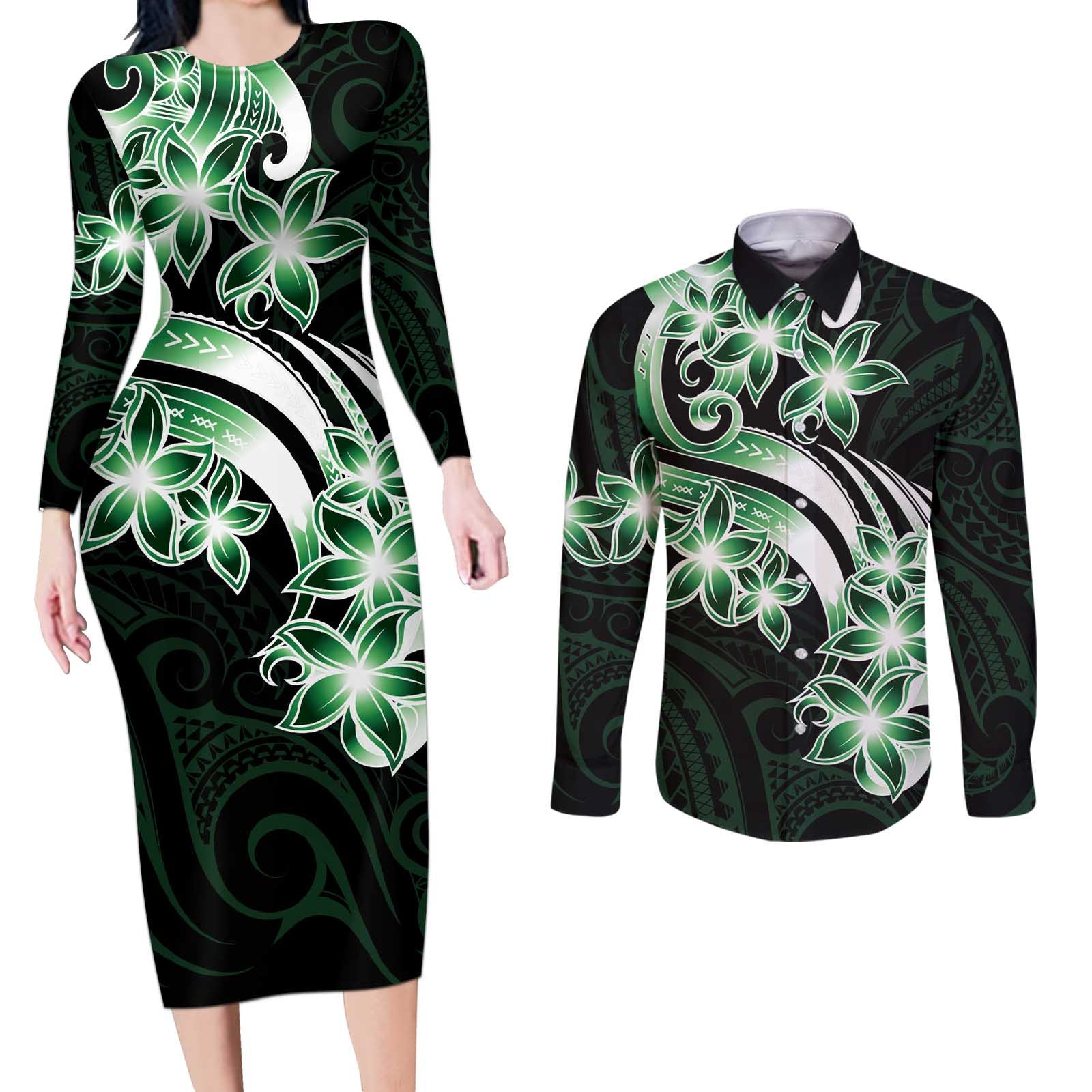 Plumeria Tribal Tattoo Couples Matching Long Sleeve Bodycon Dress and Long Sleeve Button Shirt Green Polynesian Pattern