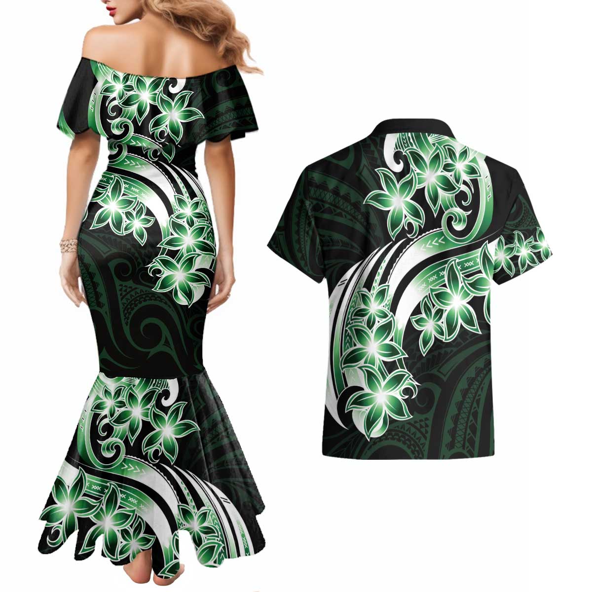Plumeria Tribal Tattoo Couples Matching Mermaid Dress and Hawaiian Shirt Green Polynesian Pattern