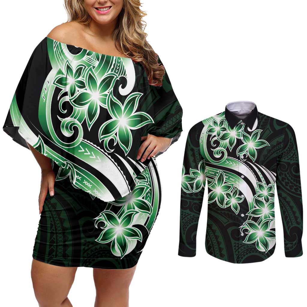 Plumeria Tribal Tattoo Couples Matching Off Shoulder Short Dress and Long Sleeve Button Shirt Green Polynesian Pattern