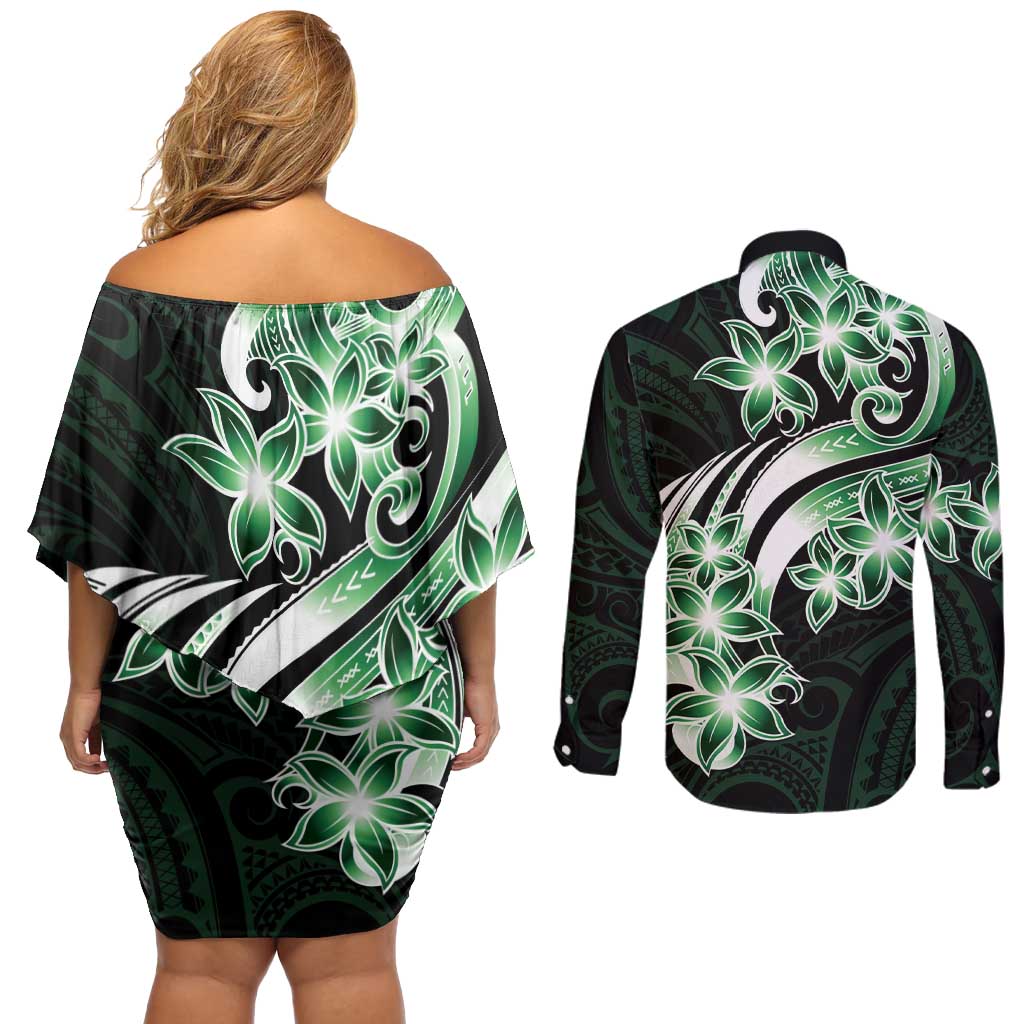 Plumeria Tribal Tattoo Couples Matching Off Shoulder Short Dress and Long Sleeve Button Shirt Green Polynesian Pattern