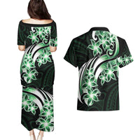 Plumeria Tribal Tattoo Couples Matching Puletasi and Hawaiian Shirt Green Polynesian Pattern