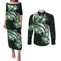Plumeria Tribal Tattoo Couples Matching Puletasi and Long Sleeve Button Shirt Green Polynesian Pattern