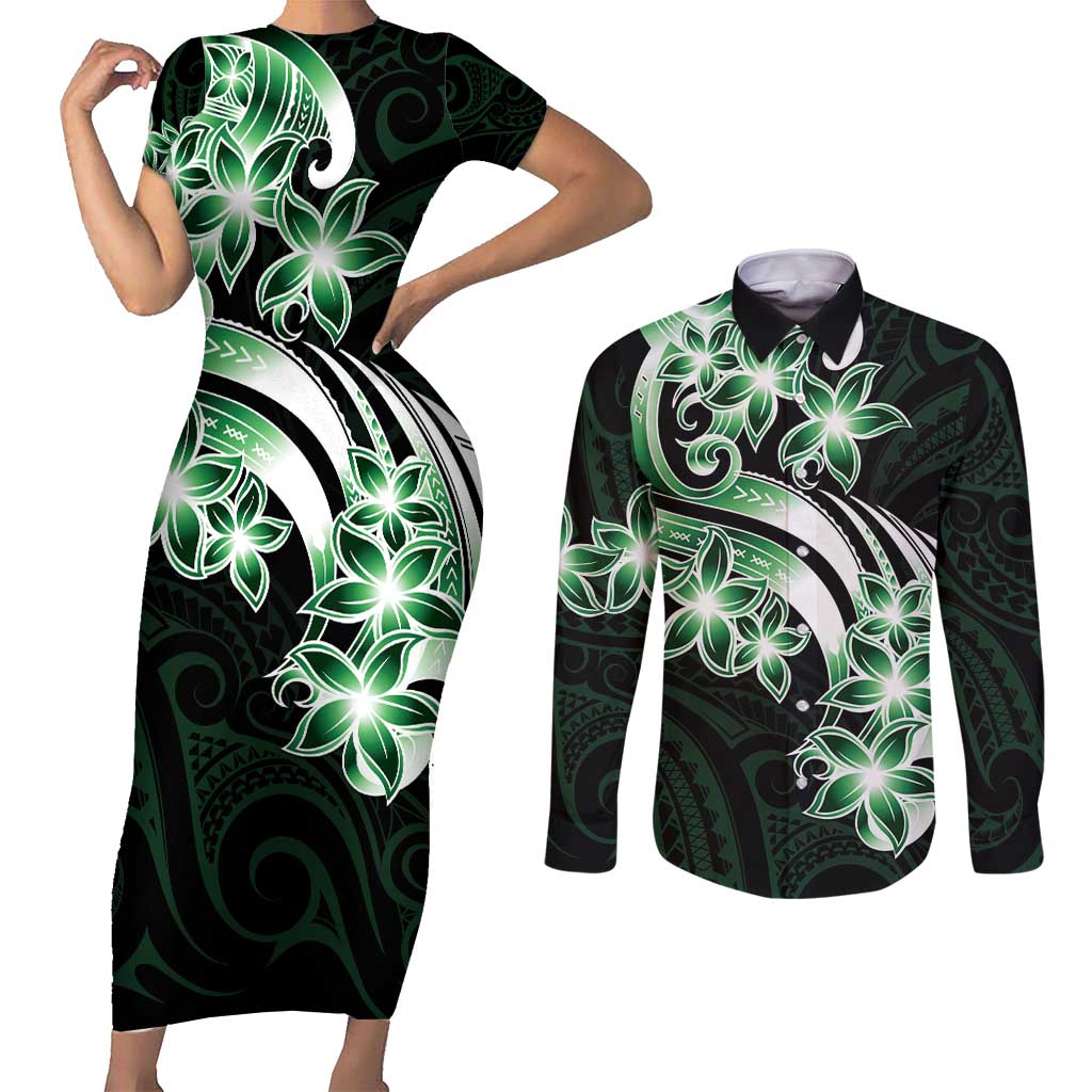 Plumeria Tribal Tattoo Couples Matching Short Sleeve Bodycon Dress and Long Sleeve Button Shirt Green Polynesian Pattern