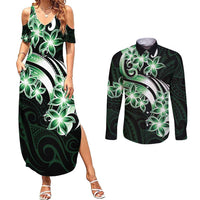 Plumeria Tribal Tattoo Couples Matching Summer Maxi Dress and Long Sleeve Button Shirt Green Polynesian Pattern