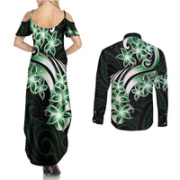 Plumeria Tribal Tattoo Couples Matching Summer Maxi Dress and Long Sleeve Button Shirt Green Polynesian Pattern
