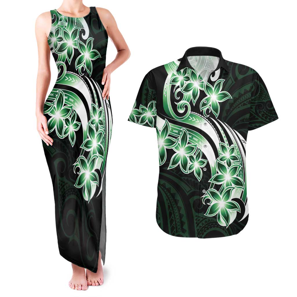 Plumeria Tribal Tattoo Couples Matching Tank Maxi Dress and Hawaiian Shirt Green Polynesian Pattern