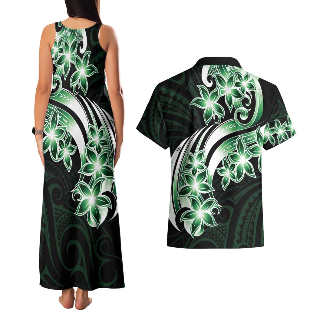 Plumeria Tribal Tattoo Couples Matching Tank Maxi Dress and Hawaiian Shirt Green Polynesian Pattern