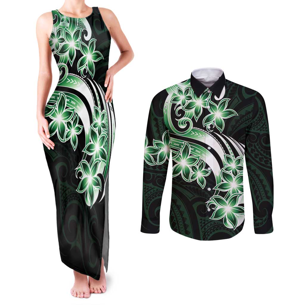 Plumeria Tribal Tattoo Couples Matching Tank Maxi Dress and Long Sleeve Button Shirt Green Polynesian Pattern