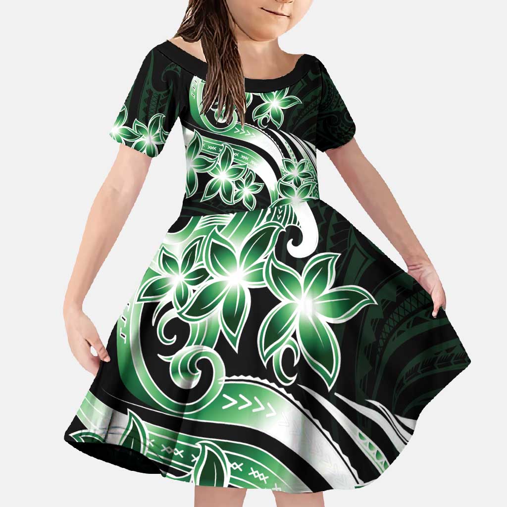 Plumeria Tribal Tattoo Family Matching Long Sleeve Bodycon Dress and Hawaiian Shirt Green Polynesian Pattern LT9 Daughter's Dress Green - Polynesian Pride