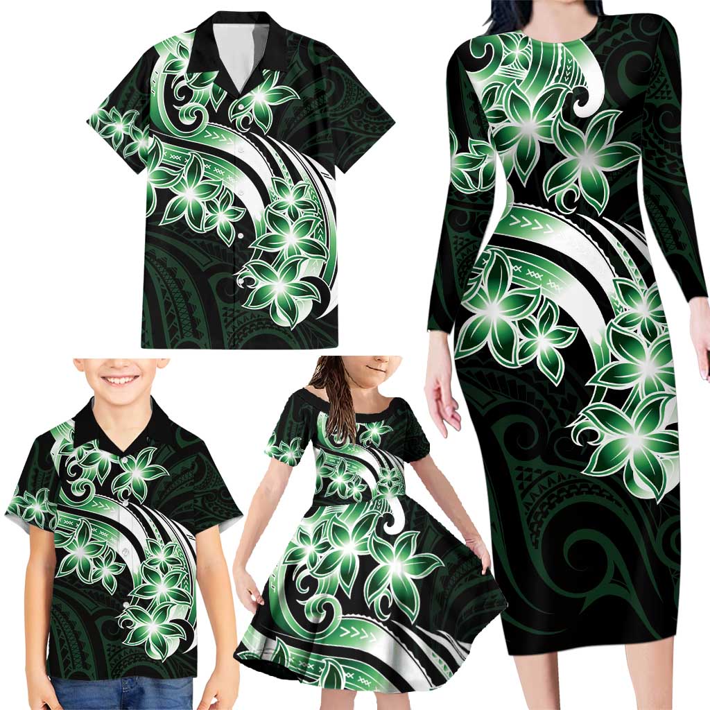 Plumeria Tribal Tattoo Family Matching Long Sleeve Bodycon Dress and Hawaiian Shirt Green Polynesian Pattern LT9 - Polynesian Pride