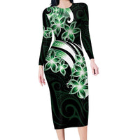 Plumeria Tribal Tattoo Family Matching Long Sleeve Bodycon Dress and Hawaiian Shirt Green Polynesian Pattern LT9 Mom's Dress Green - Polynesian Pride