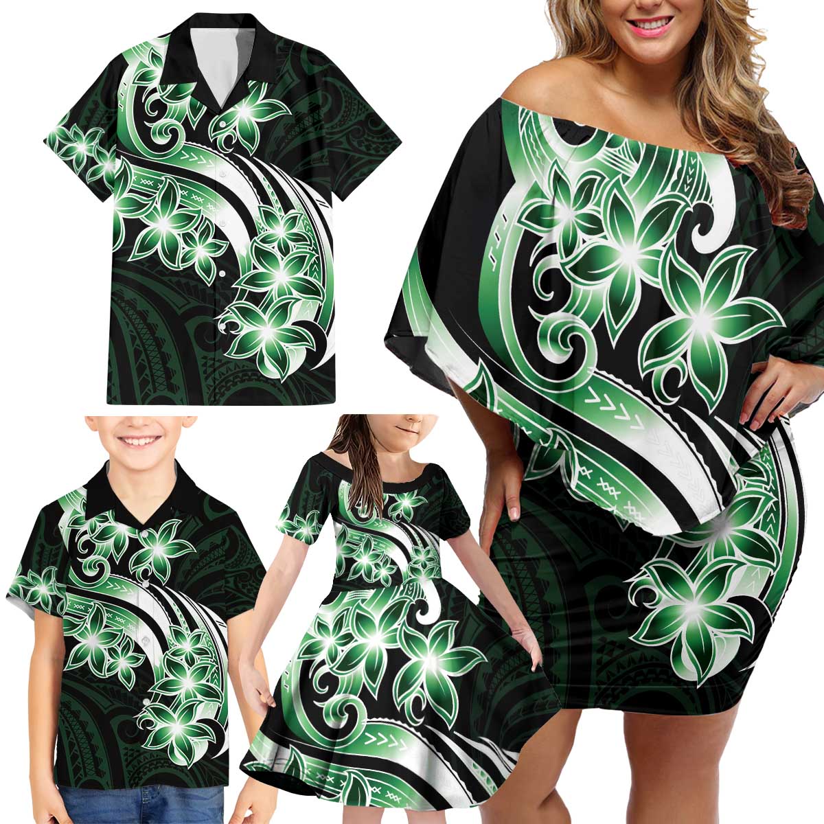 Plumeria Tribal Tattoo Family Matching Off Shoulder Short Dress and Hawaiian Shirt Green Polynesian Pattern