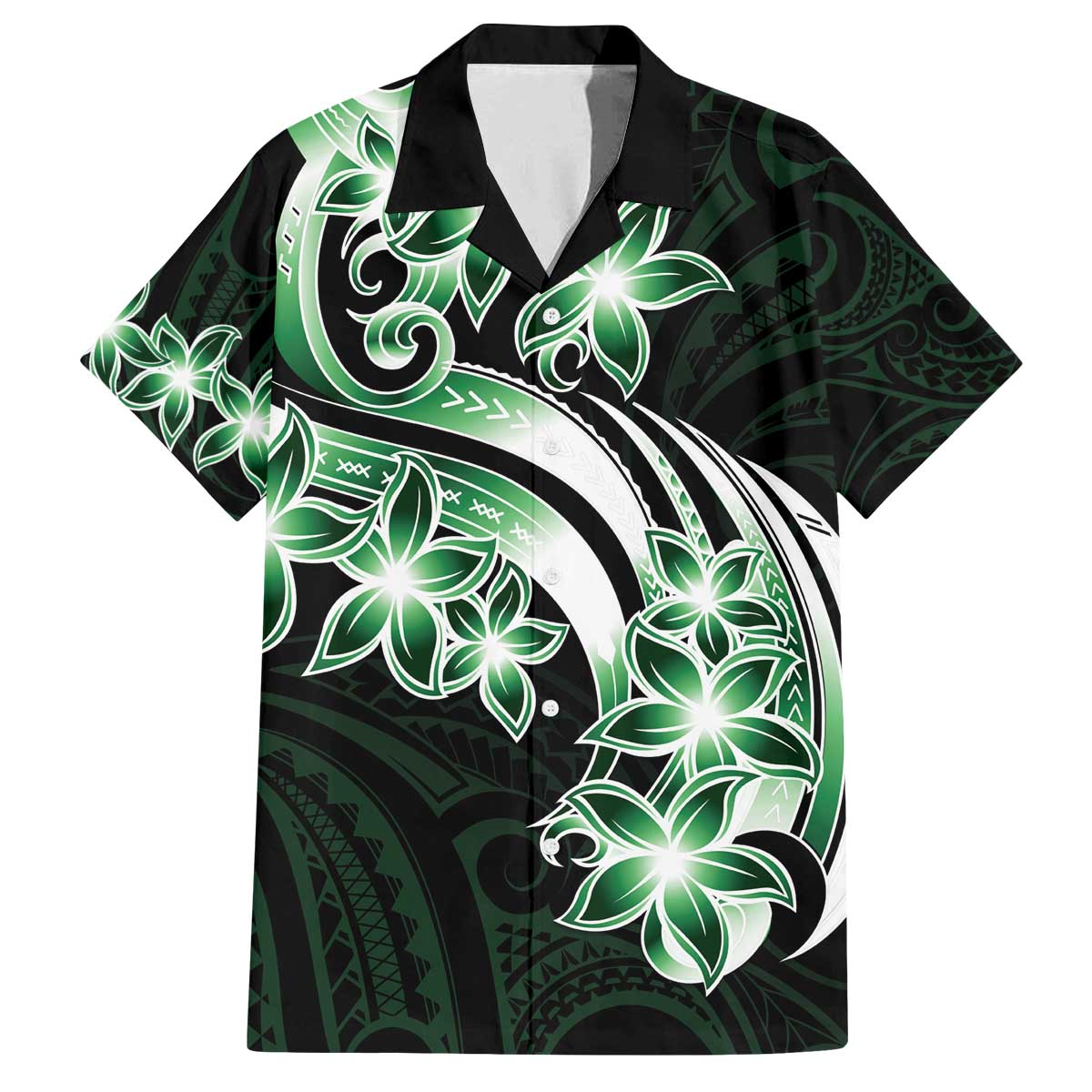 Plumeria Tribal Tattoo Family Matching Off Shoulder Short Dress and Hawaiian Shirt Green Polynesian Pattern