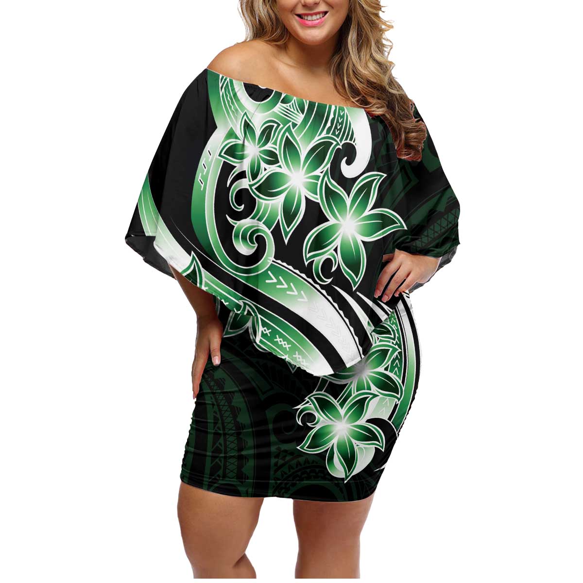 Plumeria Tribal Tattoo Family Matching Off Shoulder Short Dress and Hawaiian Shirt Green Polynesian Pattern
