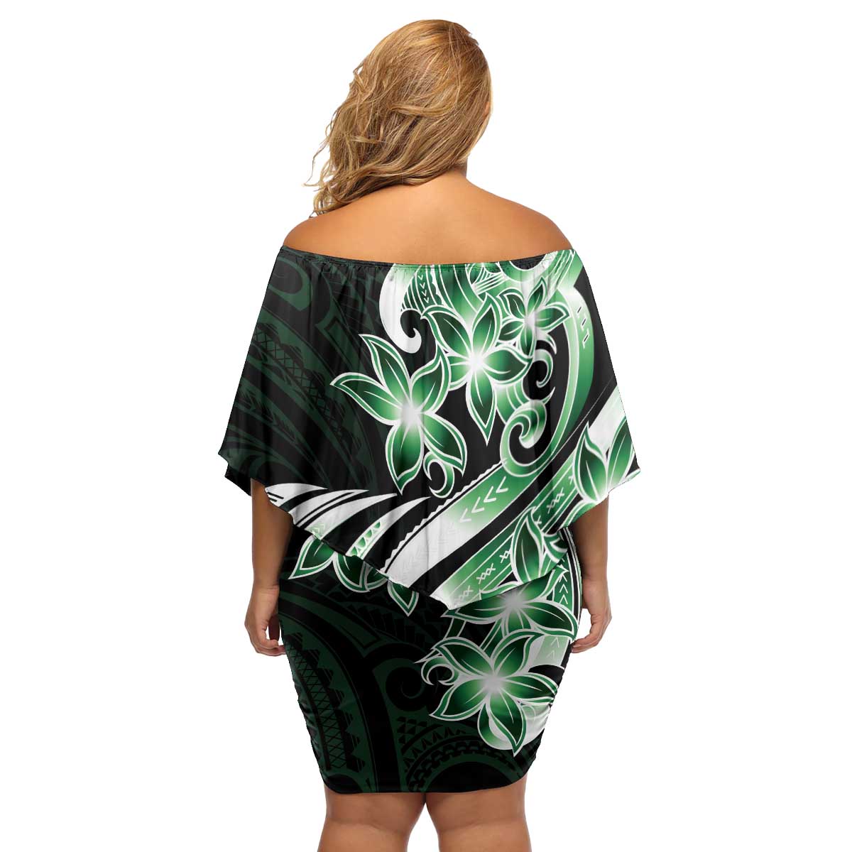 Plumeria Tribal Tattoo Family Matching Off Shoulder Short Dress and Hawaiian Shirt Green Polynesian Pattern