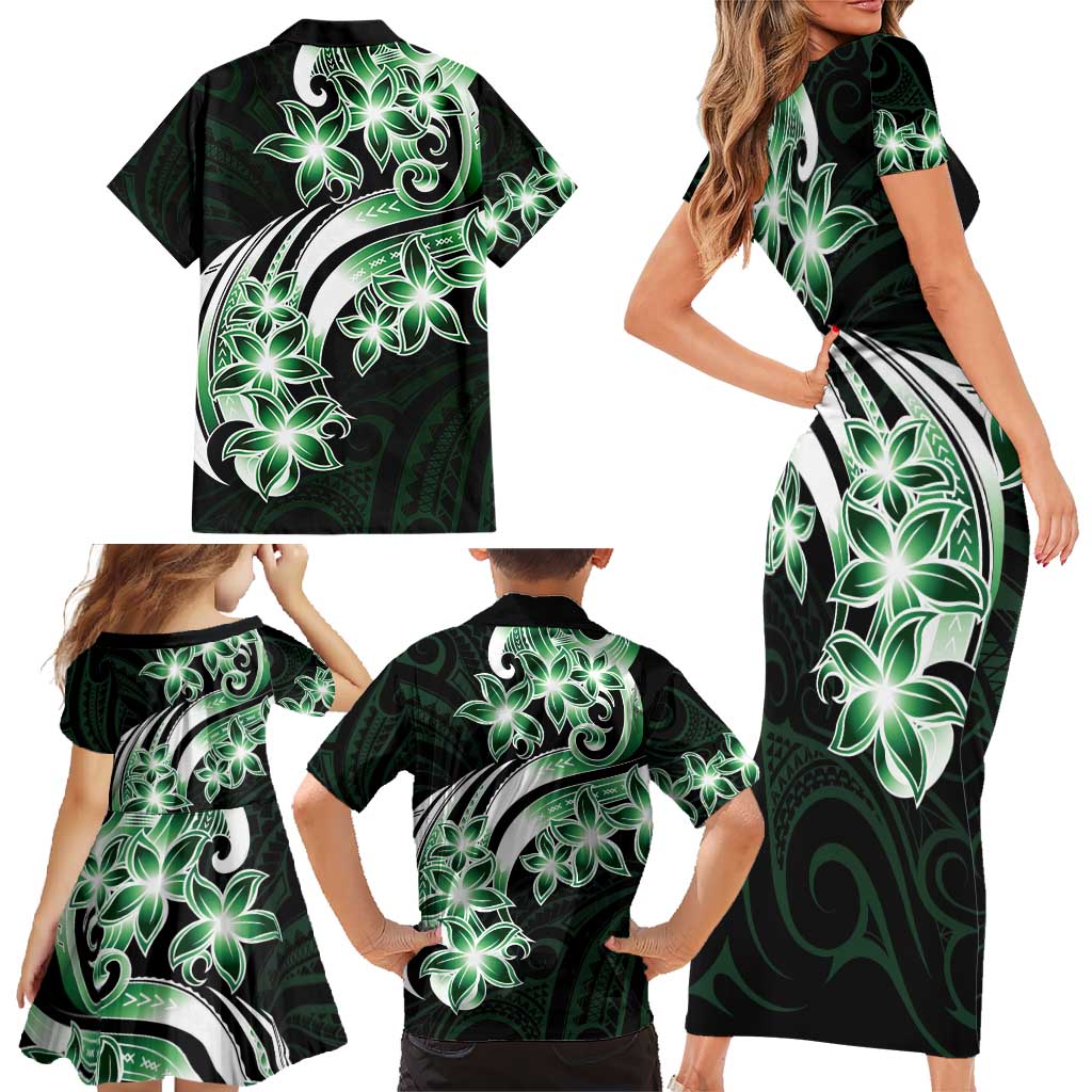 Plumeria Tribal Tattoo Family Matching Short Sleeve Bodycon Dress and Hawaiian Shirt Green Polynesian Pattern LT9 - Polynesian Pride