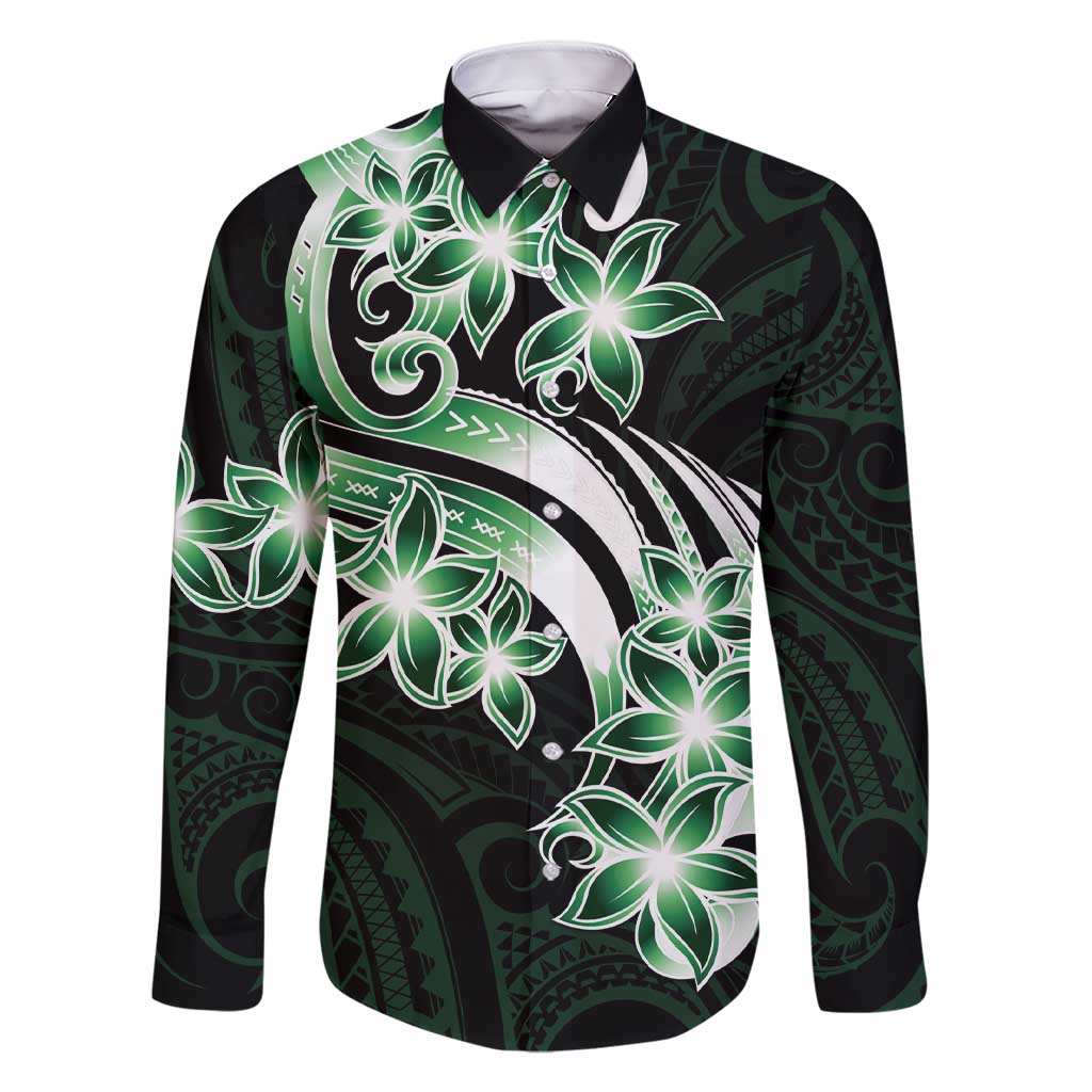 Plumeria Tribal Tattoo Family Matching Short Sleeve Bodycon Dress and Hawaiian Shirt Green Polynesian Pattern LT9 Dad's Shirt - Long Sleeve Green - Polynesian Pride