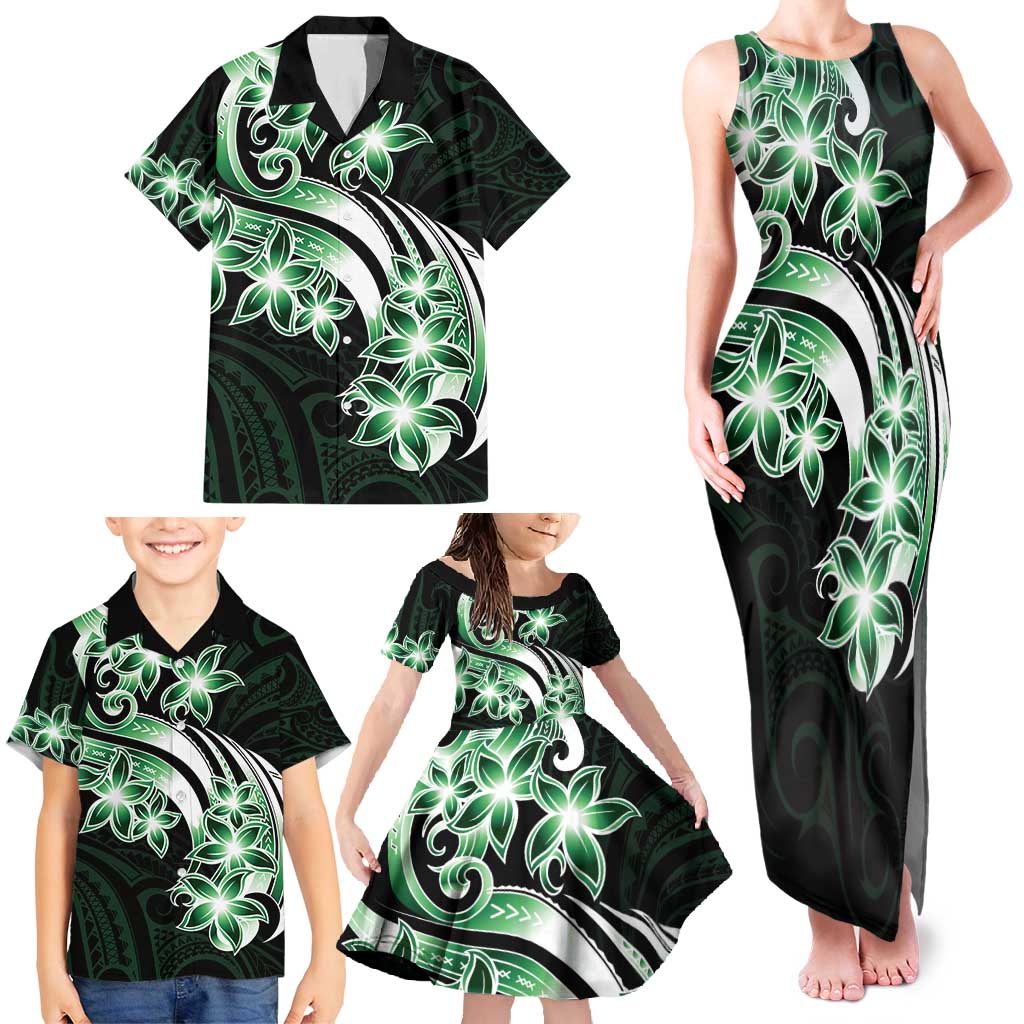 Plumeria Tribal Tattoo Family Matching Tank Maxi Dress and Hawaiian Shirt Green Polynesian Pattern