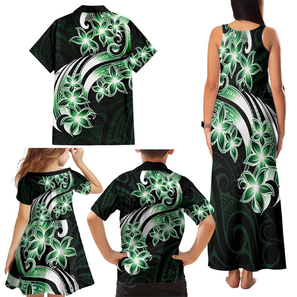 Plumeria Tribal Tattoo Family Matching Tank Maxi Dress and Hawaiian Shirt Green Polynesian Pattern