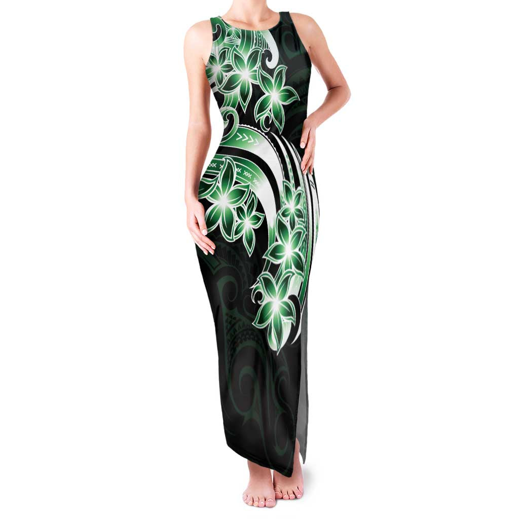 Plumeria Tribal Tattoo Family Matching Tank Maxi Dress and Hawaiian Shirt Green Polynesian Pattern