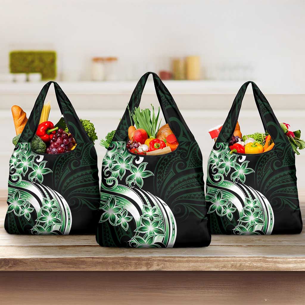 Plumeria Tribal Tattoo Grocery Bag Green Polynesian Pattern