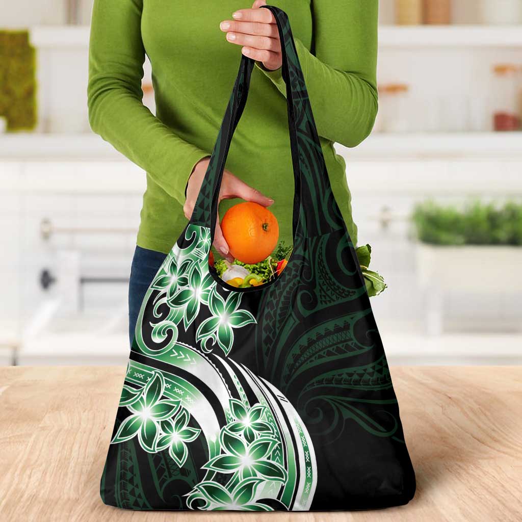 Plumeria Tribal Tattoo Grocery Bag Green Polynesian Pattern