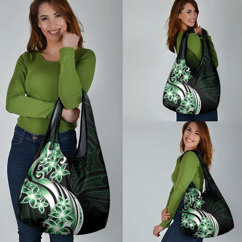 Plumeria Tribal Tattoo Grocery Bag Green Polynesian Pattern
