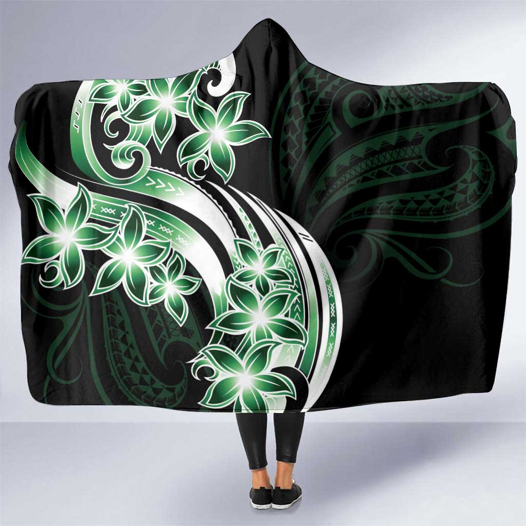 Plumeria Tribal Tattoo Hooded Blanket Green Polynesian Pattern