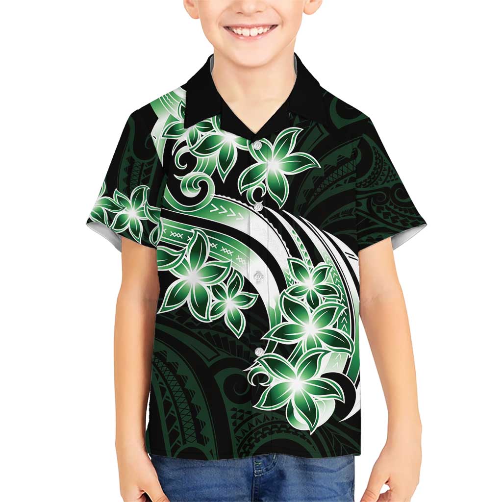 Plumeria Tribal Tattoo Kid Hawaiian Shirt Green Polynesian Pattern