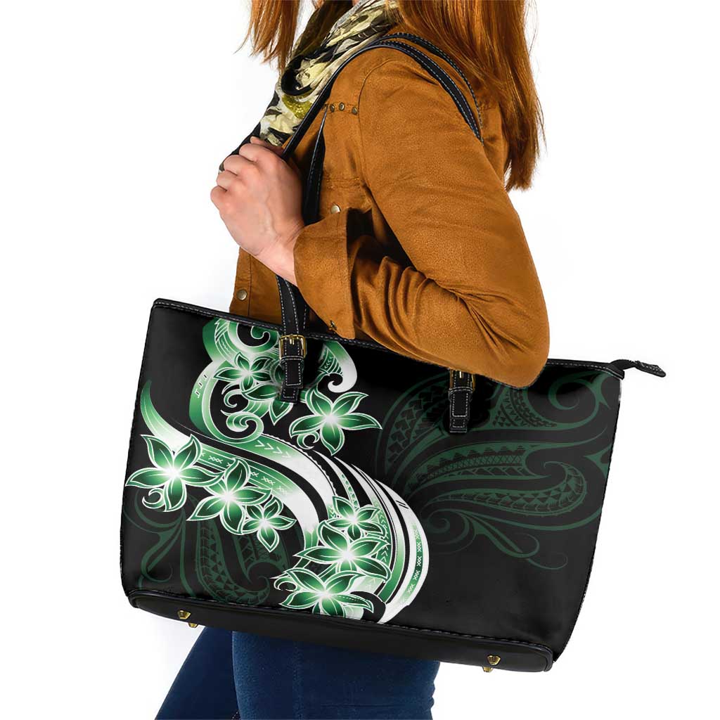 Plumeria Tribal Tattoo Leather Tote Bag Green Polynesian Pattern