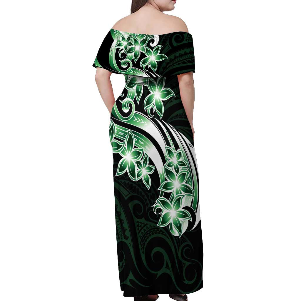 Plumeria Tribal Tattoo Off Shoulder Maxi Dress Green Polynesian Pattern