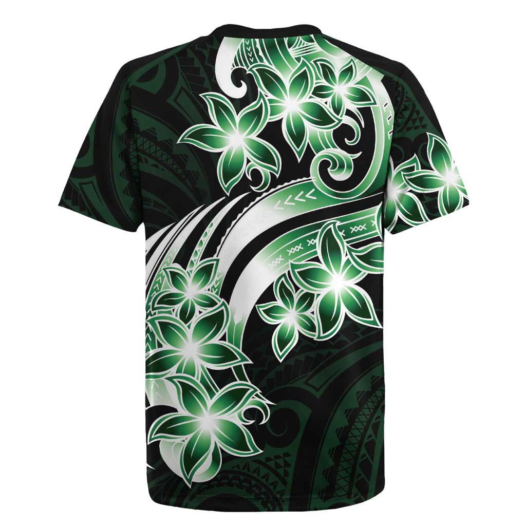 Plumeria Tribal Tattoo Rugby Jersey Green Polynesian Pattern